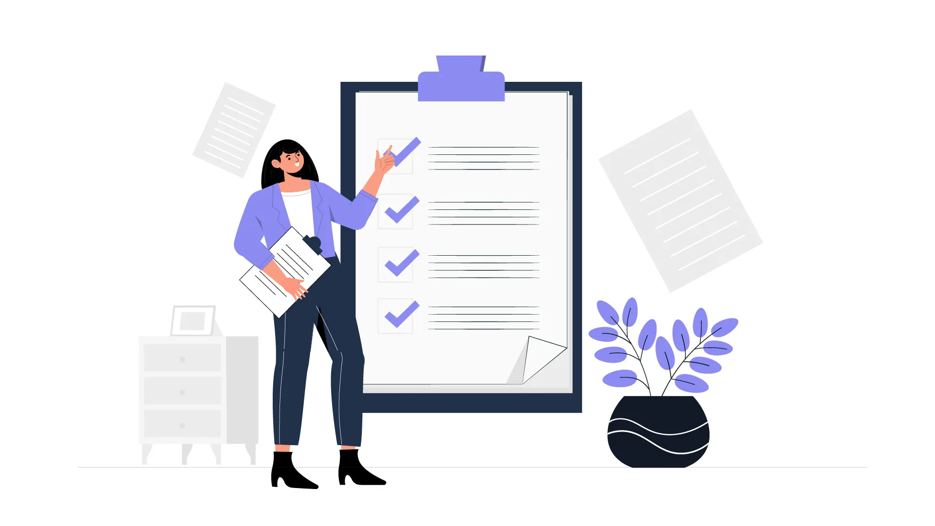 Checklist Review Concept Woman with Pad in 2D Design Illustration